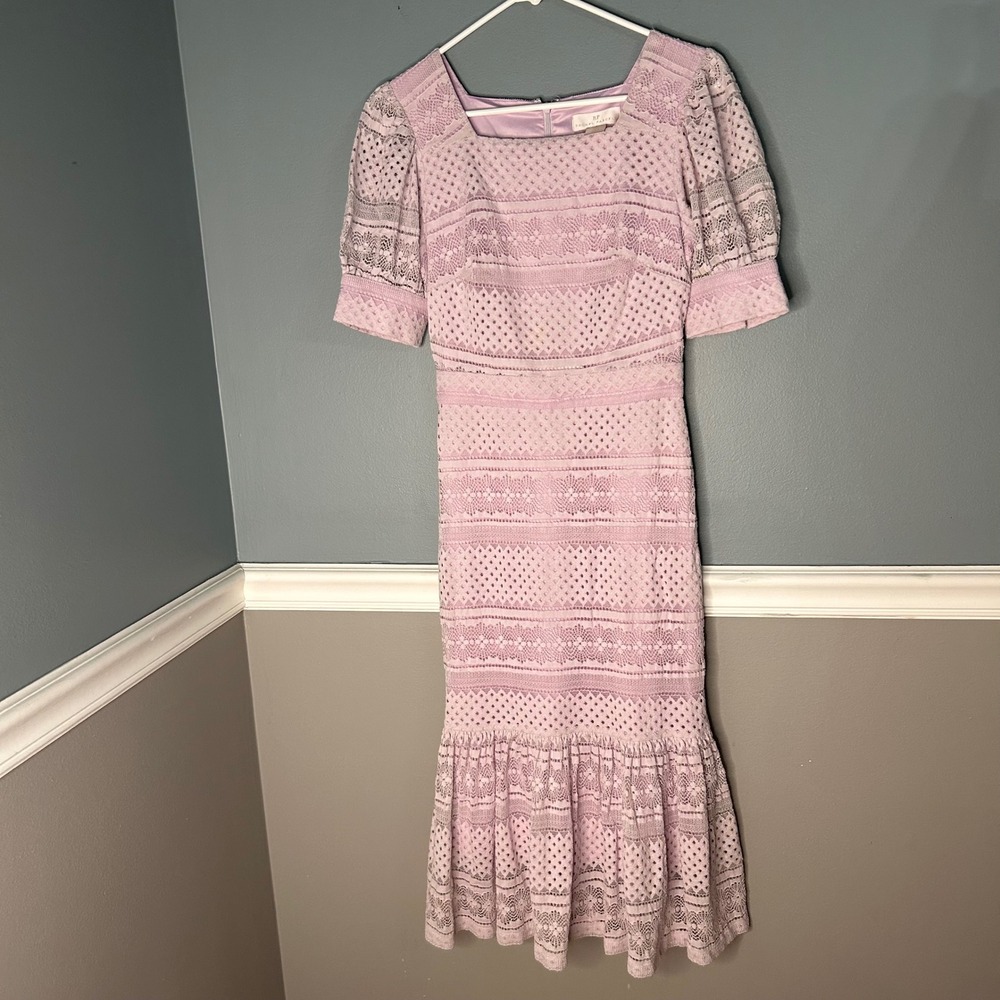 Rachel Parcell Lavender Lace Eyelet Midi Dress Square Neck Puff Sleeve XXS